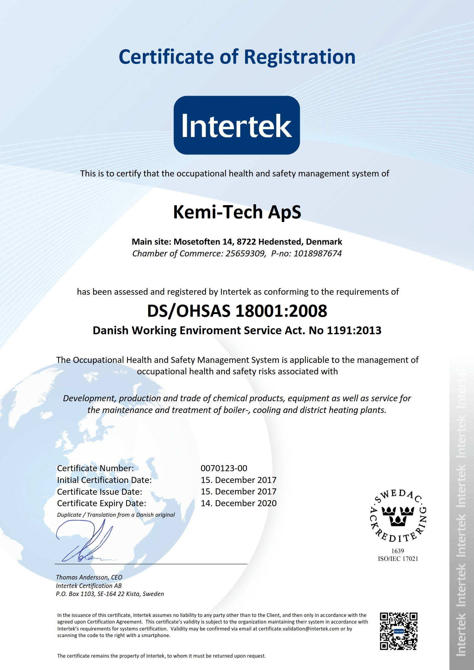 Kemi-tech ApS DS/OHSAS 18001:2008 certificate